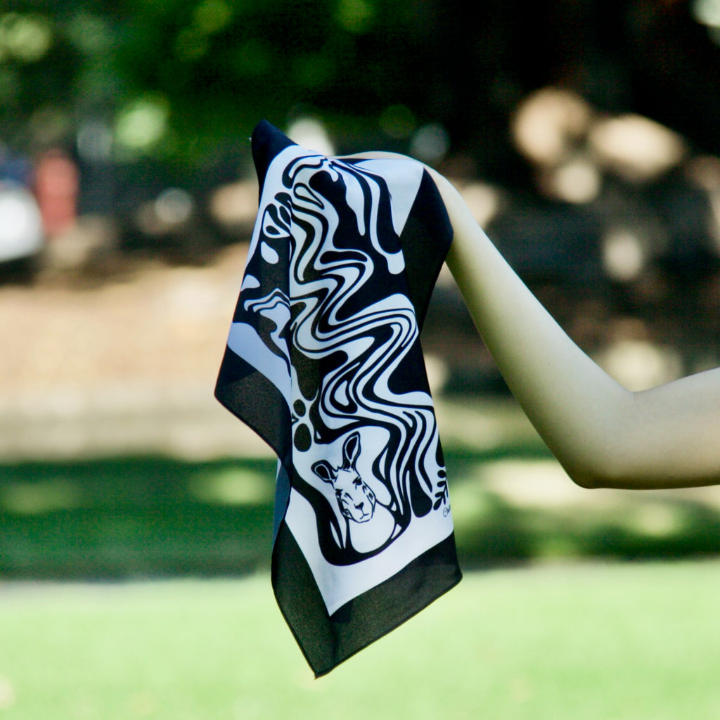 Hankie scarf 40cm by Hanoi Original depict a kangaroo with abstract motif in Black and white to gift yourself or someone else