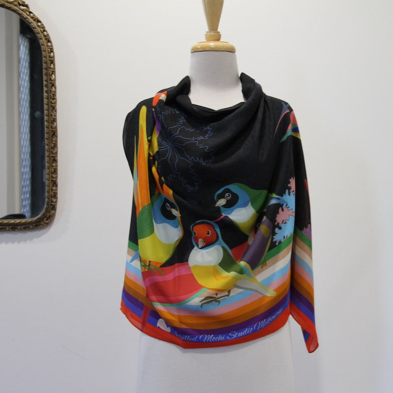 Shawl, Long scarf by Hanoi Original featuring Lady Gouldian Finch Rainbow LBGTQ 