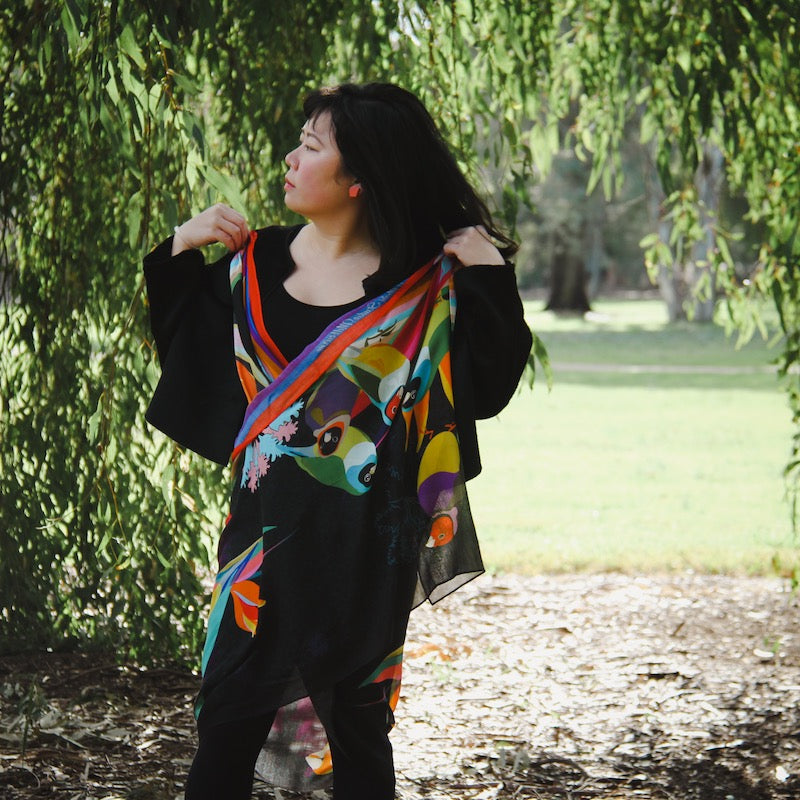 Long scarf by Hanoi Original featuring Lady Gouldian Finch Rainbow LBGTQ 