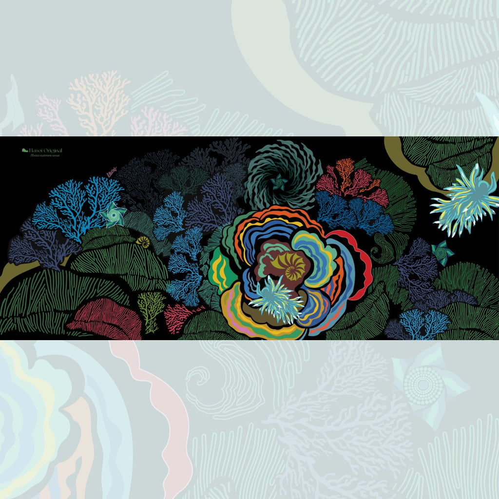 Colorful floral design with abstract patterns on a textured background