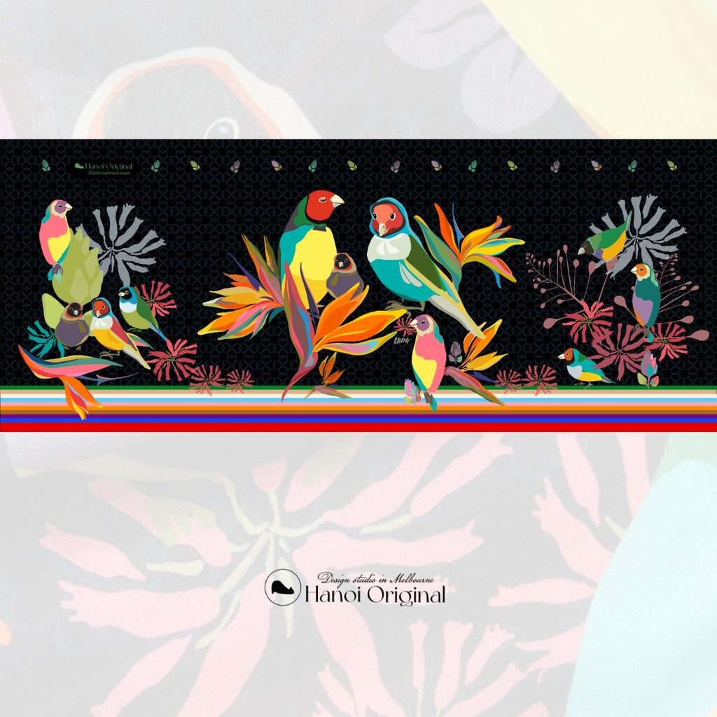 A drawing of stunningly colourful Gouldian Finches 