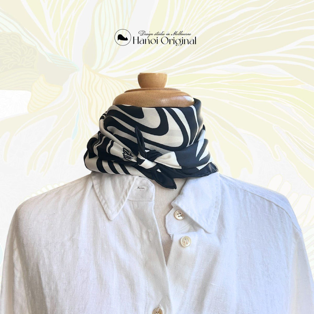 Kangaroo scarf in black and white by The Hanoi Original as a neck scarf