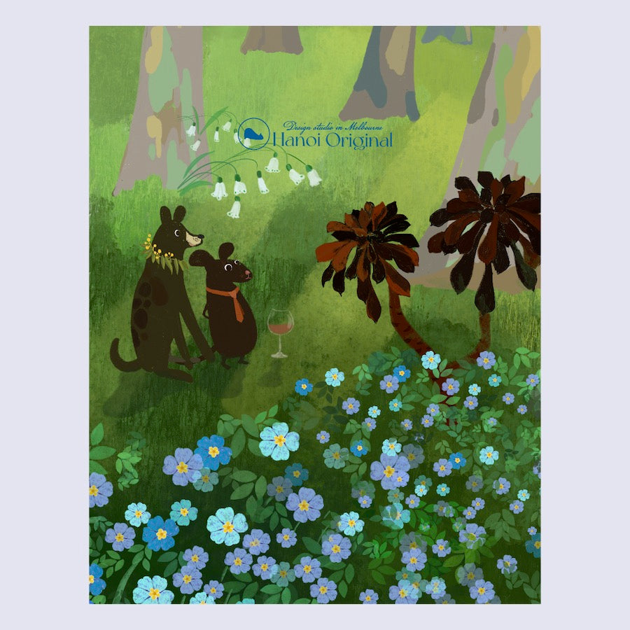 Design of the Tote bag by Hanoi Original, depicts friendship of a dog, and a mouse among gumtree forest and blue meadow  flowers 