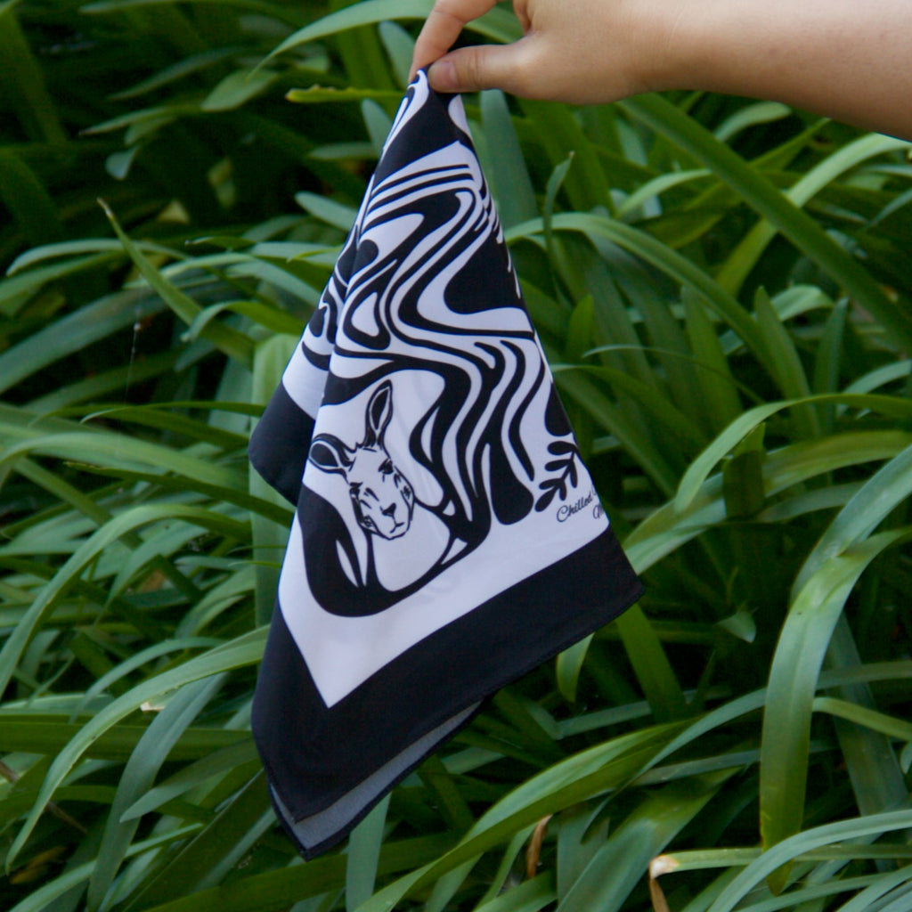 Hankie scarf 40cm by Hanoi Original depict a kangaroo with abstract motif in Black and white  to gift yourself or someone else 