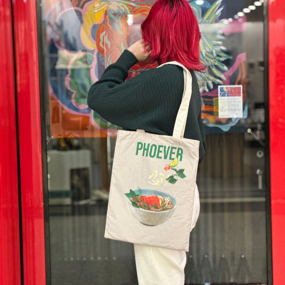Design of the Tote bag by Hanoi Original, depicts a Pho, and a text says PHOEVER