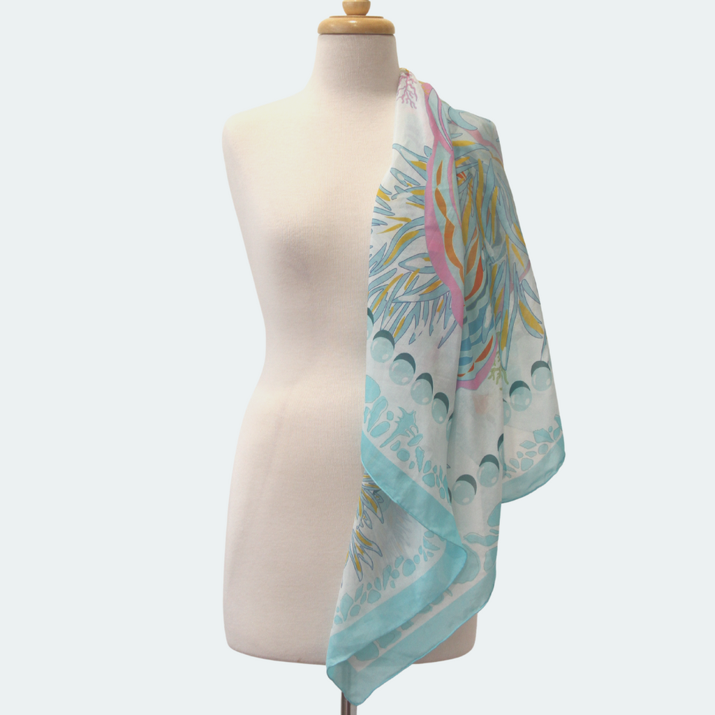Hanoi Original Translucent silk cotton Scarf 90cm light blue scarf ocean shell pearl seashells coral 