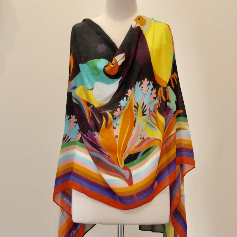 Shawl, Long scarf by Hanoi Original featuring Lady Gouldian Finch Rainbow LBGTQ 