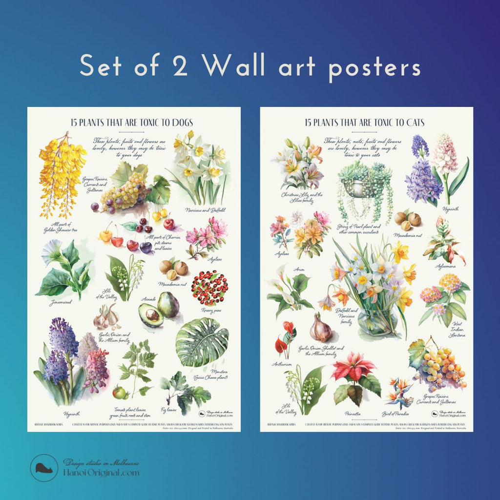 Set of 2 posters showing plants that are toxic to cats and dogs, in botanical drawing styles. There are several common plants, and flowers that are poisonous to dogs and cats.This lovely botanical posters are not just a beautiful wall arts, it can be used as a guide to pet owners. 